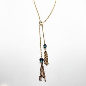 Nicole Miller Blue Rhinestone Silver Tone Necklace Tassel Pendant Lariat 28"